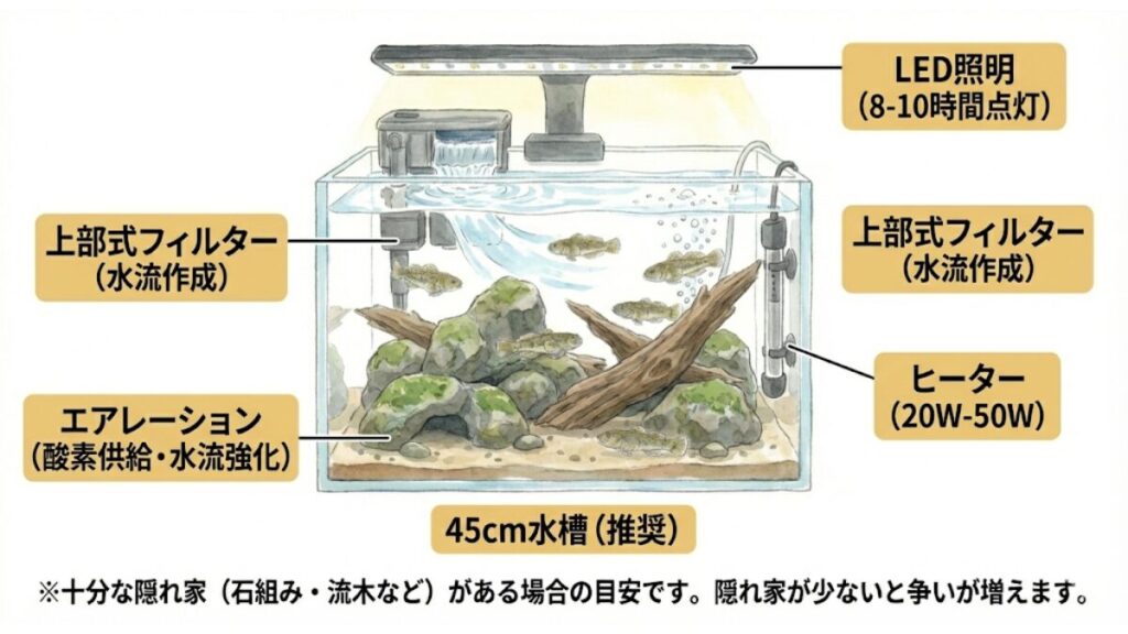 水槽サイズと必要な設備（フィルター・ヒーター・照明）