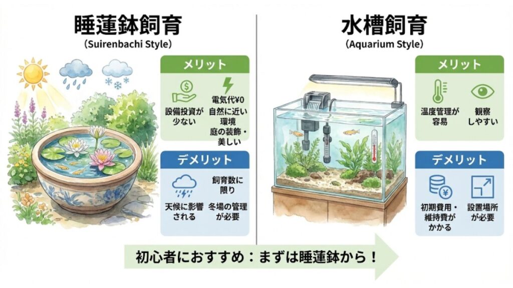 睡蓮鉢飼育と水槽飼育の違いとメリット・デメリット