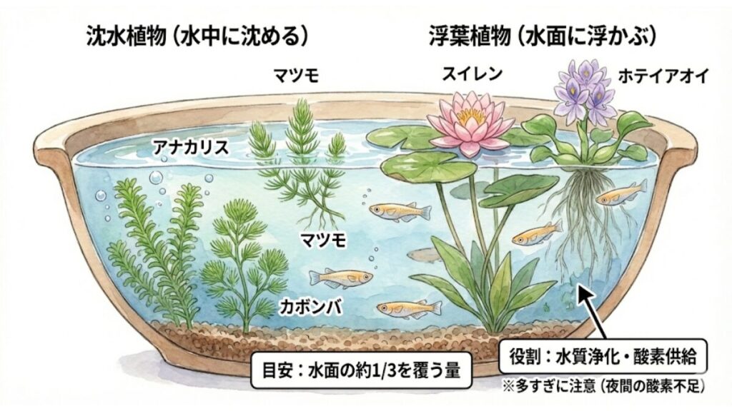 メダカに最適な水草と植物の選択