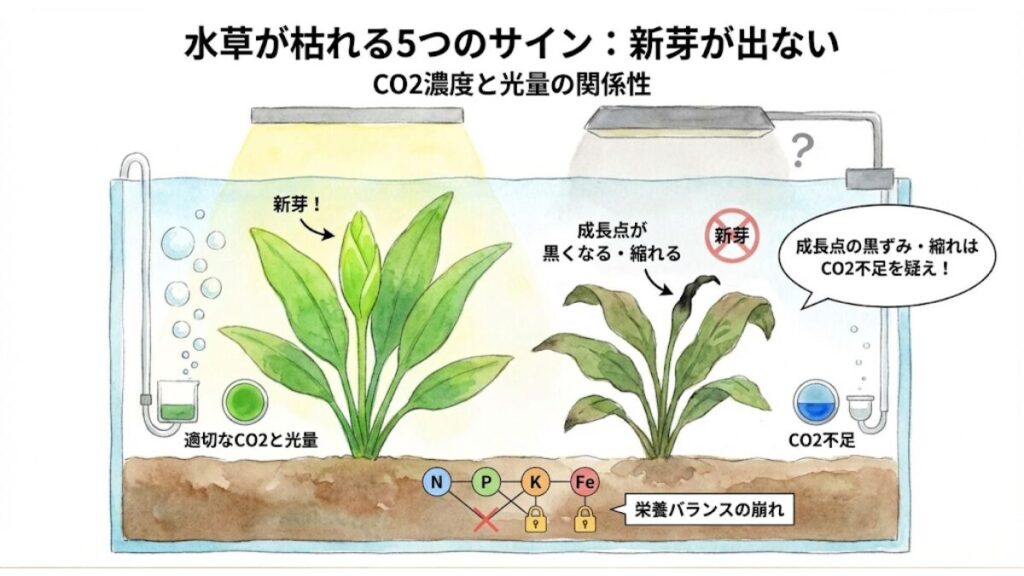 新芽が出ない - CO2濃度と光量の関係性